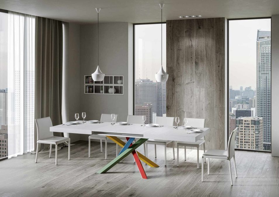 Table extensible design blanc laqué et pieds entrelacés multicouleurs L 130 à 234 cm Artemis - Photo n°3