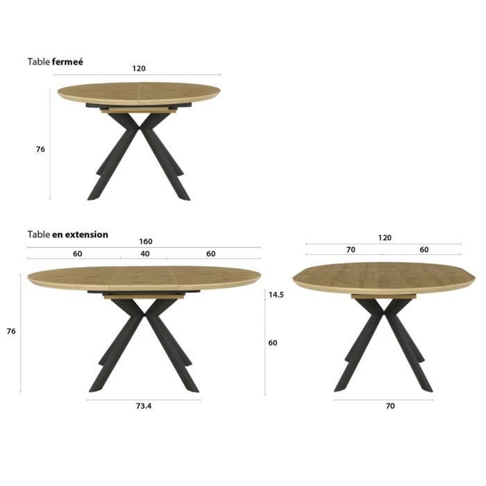 Table extensible - Rond - Pieds métal - Décor chene - CESAME - L 120/160 x P 75 x H 69 cm - Photo n°4