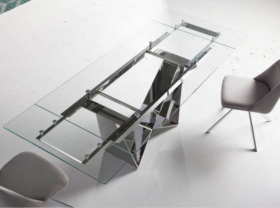 Table extensible Trypa 160/220 cm - Plateau verre trempé et pieds acier chromé - Photo n°2