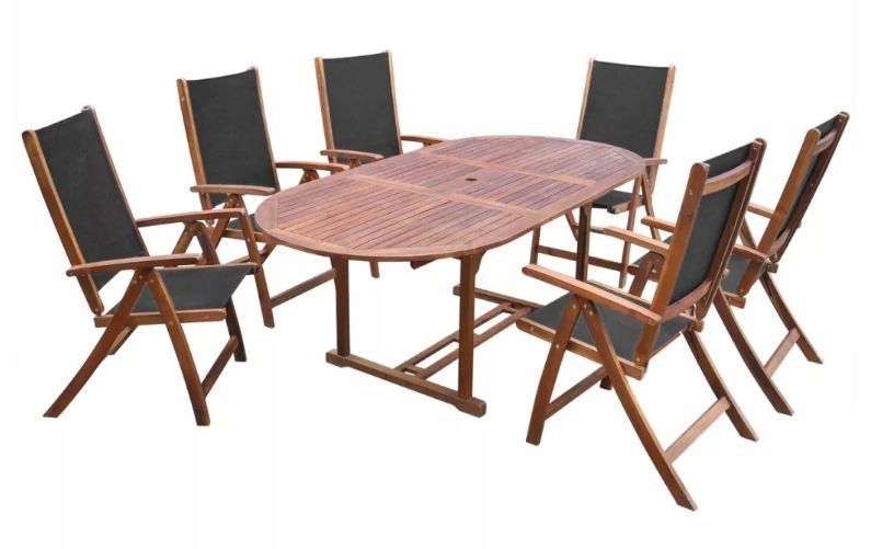 Table ovale extensible et 6 chaises de jardin acacia foncé et tissu noir Noiro - Photo n°1