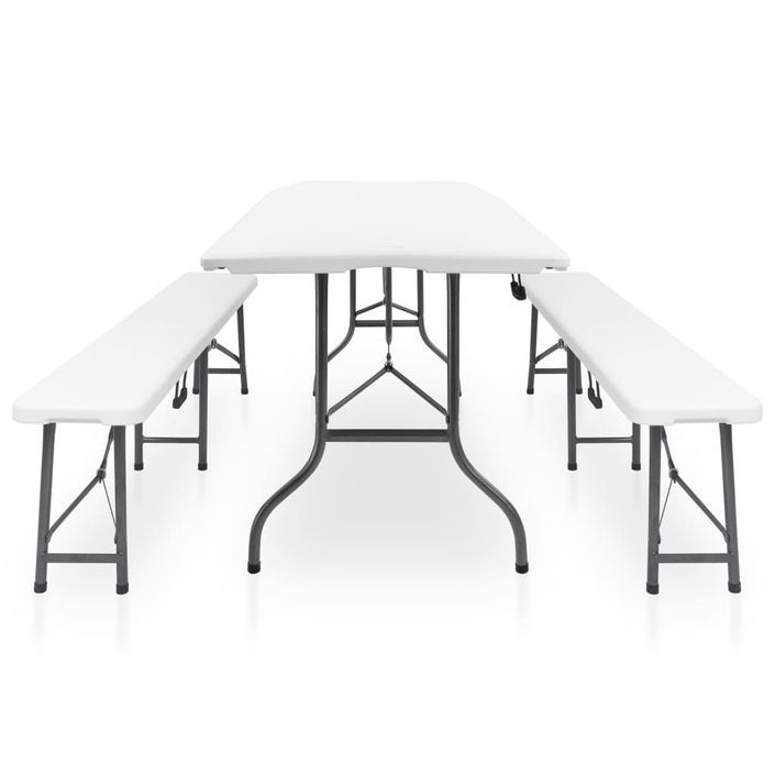 Table pliable de jardin avec 2 bancs 180 cm Acier et PEHD Blanc - Photo n°3