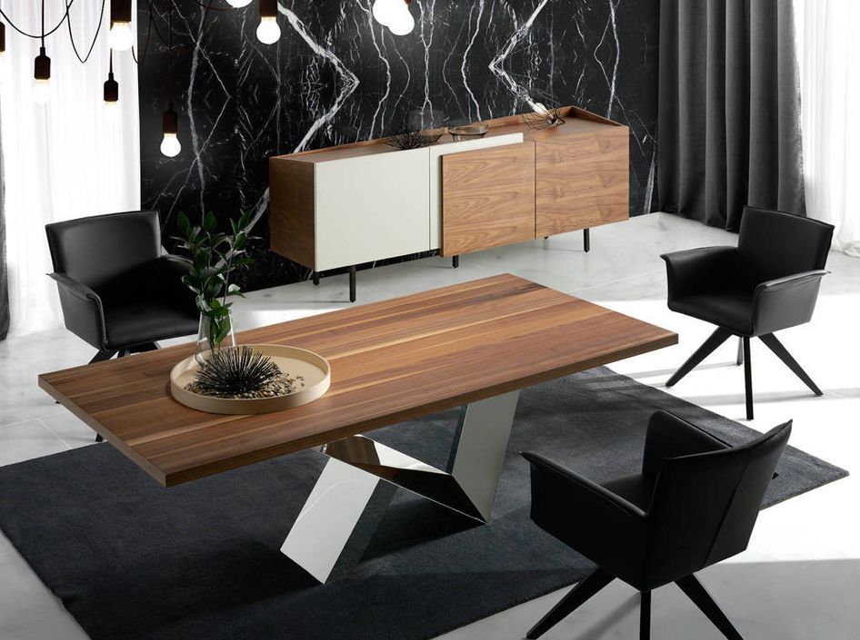 Table rectangulaire acier inoxydable et plateau bois plaqué Noyer Futura 180 cm - Photo n°2