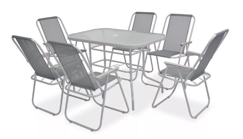 Table rectangulaire avec parasol et 6 chaises de jardin métal gris Castle - Photo n°2