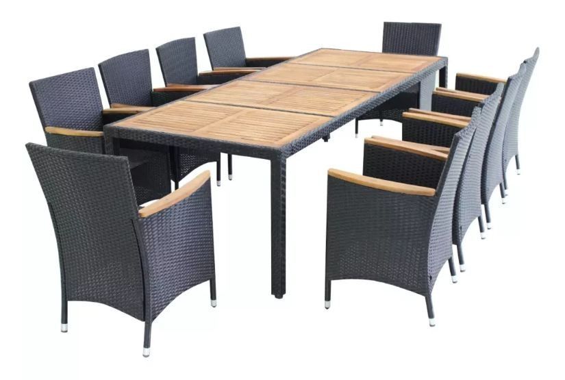Table rectangulaire et 10 chaises de jardin métal et résine tressée noir Mae - Photo n°1