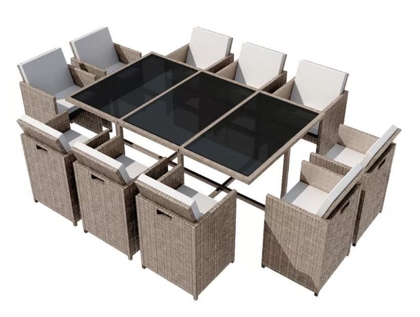 Table rectangulaire et 10 chaises de jardin résine tressée beige Iris - Photo n°1