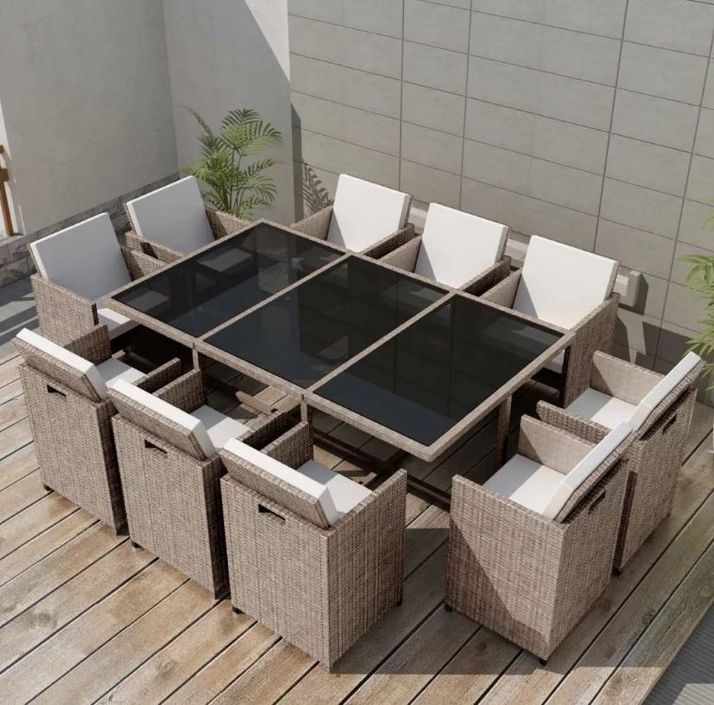 Table rectangulaire et 10 chaises de jardin résine tressée beige Iris - Photo n°2