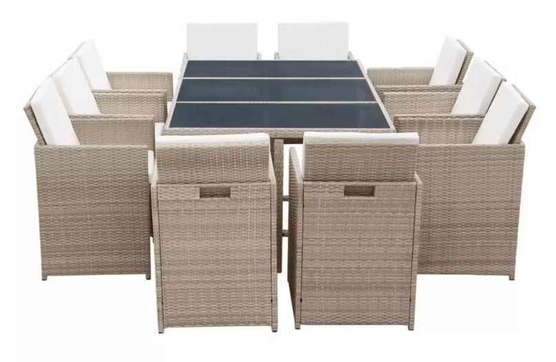 Table rectangulaire et 10 chaises de jardin résine tressée beige Iris - Photo n°3