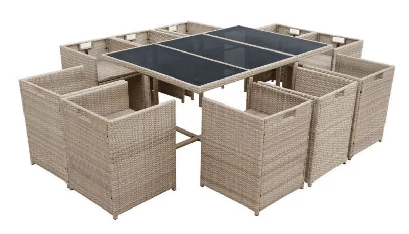 Table rectangulaire et 10 chaises de jardin résine tressée beige Iris - Photo n°4