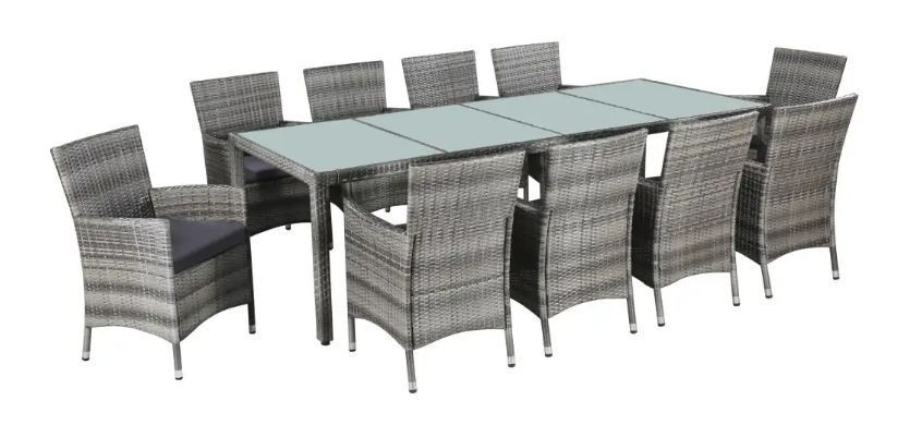 Table rectangulaire et 10 chaises de jardin résine tressée gris Mik - Photo n°1