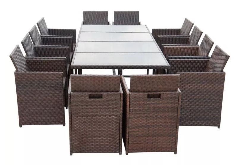 Table rectangulaire et 12 chaises de jardin résine tressée marron Iris - Photo n°4