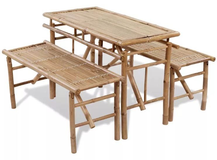 Table rectangulaire et 2 bancs de jardin bambou clair Kyca - Photo n°1