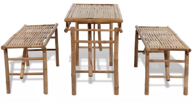 Table rectangulaire et 2 bancs de jardin bambou clair Kyca - Photo n°4