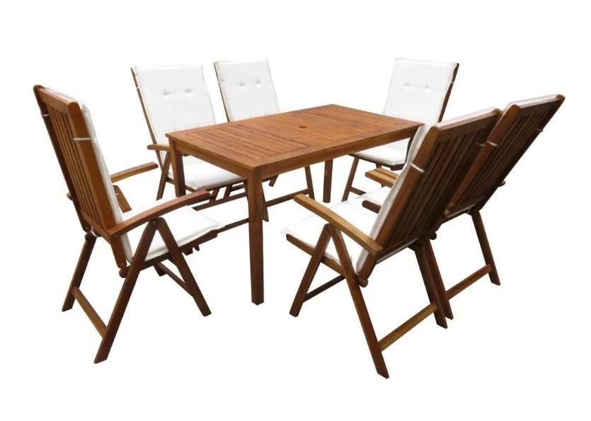 Table rectangulaire et 6 chaises de jardin acacia clair coussins blanc Polina - Photo n°1