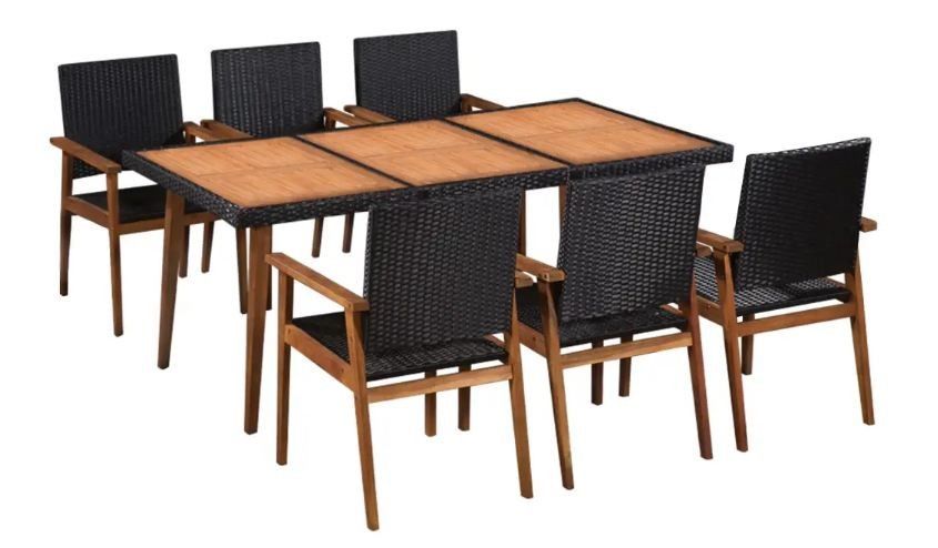 Table rectangulaire et 6 chaises de jardin acacia clair et résine tressée Vidot - Photo n°1