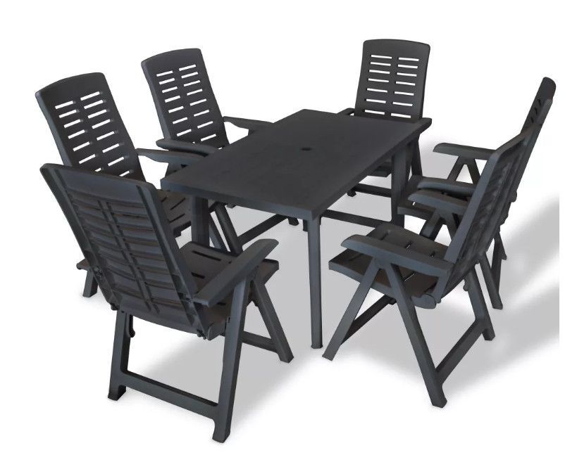 Table rectangulaire et 6 chaises de jardin plastique anthracite Camille - Photo n°1
