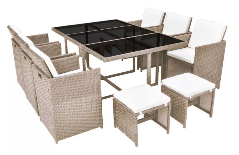 Table rectangulaire et 6 chaises de jardin résine tressée beige Iris - Photo n°1