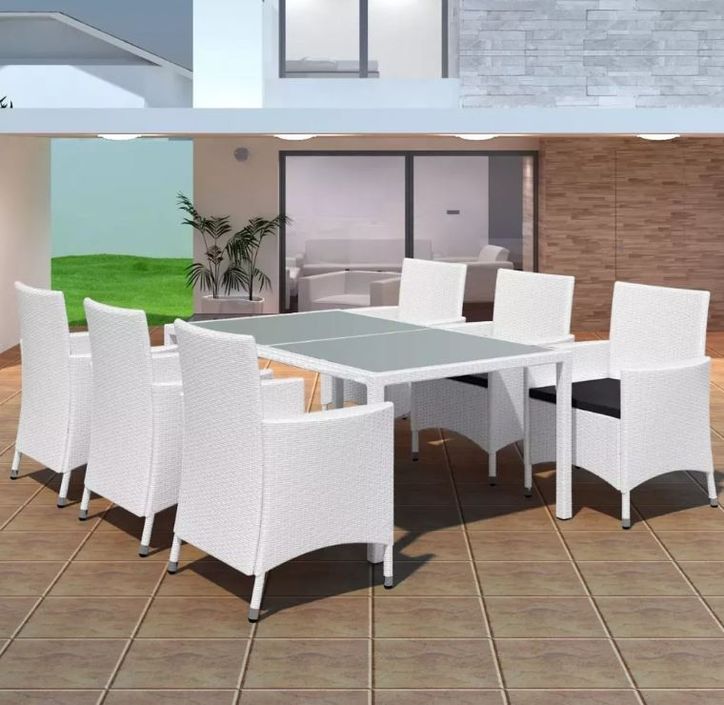 Table rectangulaire et 6 chaises de jardin résine tressée blanc Mik - Photo n°2