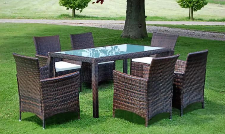 Table rectangulaire et 6 chaises de jardin résine tressée marron Mik - Photo n°2