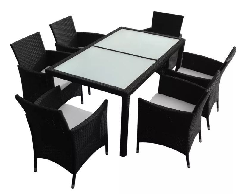 Table rectangulaire et 6 chaises de jardin résine tressée noir Mik - Photo n°1