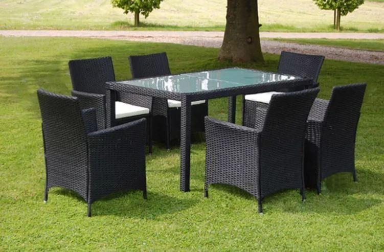 Table rectangulaire et 6 chaises de jardin résine tressée noir Mik - Photo n°2