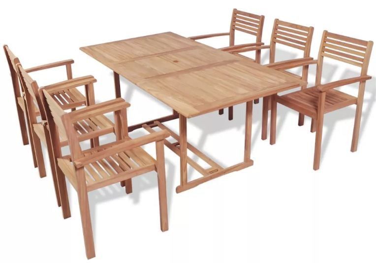Table rectangulaire et 6 chaises teck massif clair Aqual - Photo n°1