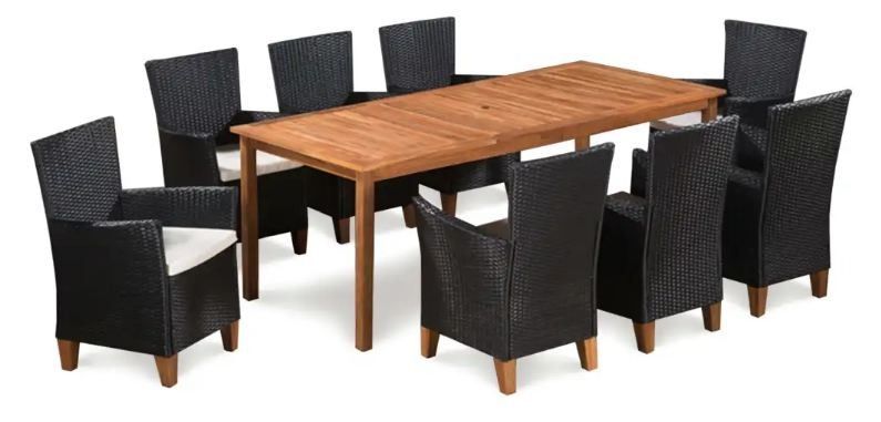 Table rectangulaire et 8 chaises de jardin acacia clair et résine tressée Cassia - Photo n°1