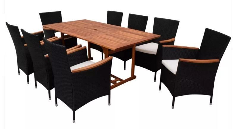 Table rectangulaire et 8 chaises de jardin acacia clair et résine tressée Polina - Photo n°1