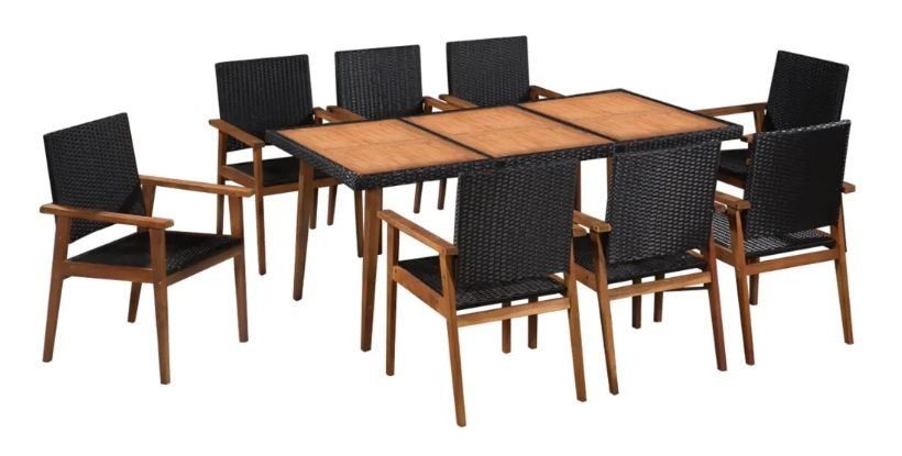 Table rectangulaire et 8 chaises de jardin acacia clair et résine tressée Vidot 180 - Photo n°1