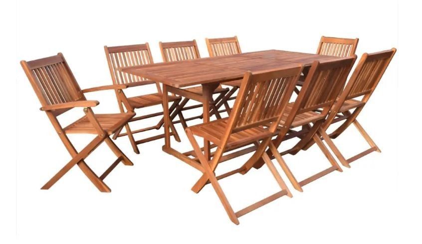 Table rectangulaire et 8 chaises de jardin acacia clair Polina 180 - Photo n°1