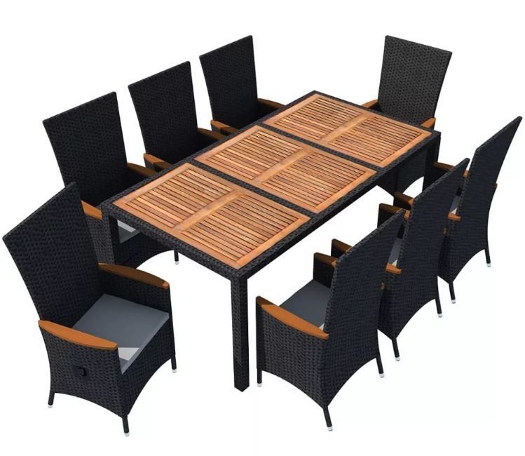 Table rectangulaire et 8 chaises de jardin métal et résine tressée noir Mae 91 - Photo n°1