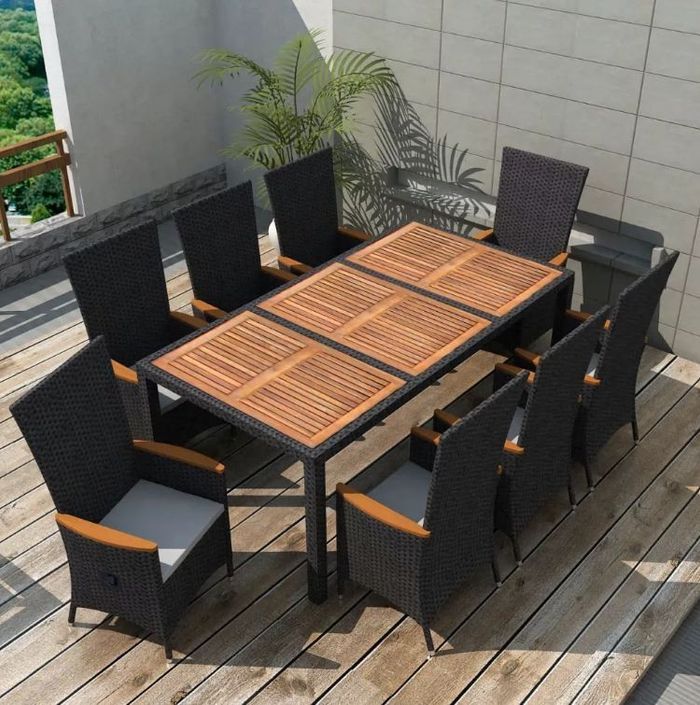 Table rectangulaire et 8 chaises de jardin métal et résine tressée noir Mae 91 - Photo n°2
