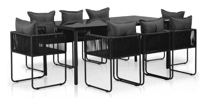 Table rectangulaire et 8 chaises de jardin métal et résine tressée noir Randy - Photo n°1