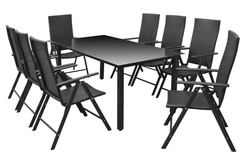 Table rectangulaire et 8 chaises de jardin métal et résine tressée noir Van - Photo n°1