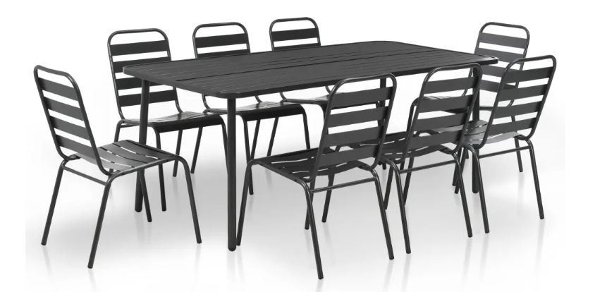 Table rectangulaire et 8 chaises de jardin métal gris Pretty - Photo n°1