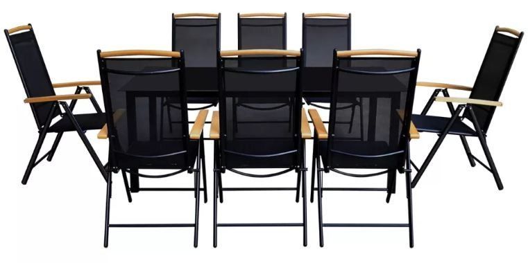 Table rectangulaire et 8 chaises de jardin métal noir et marron Groove - Photo n°2