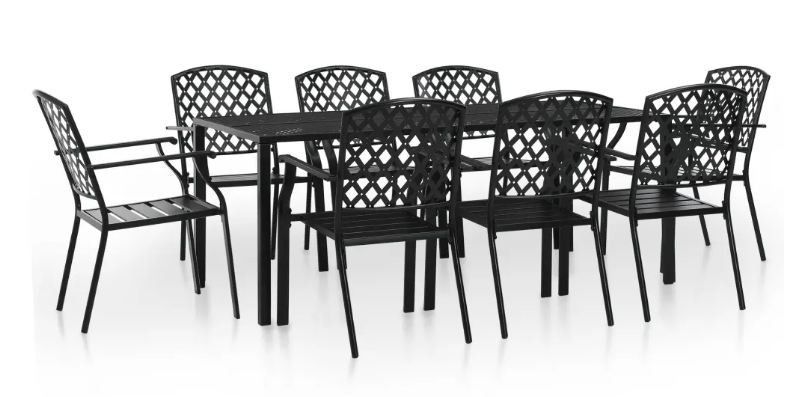 Table rectangulaire et 8 chaises de jardin métal noir Lovely - Photo n°1
