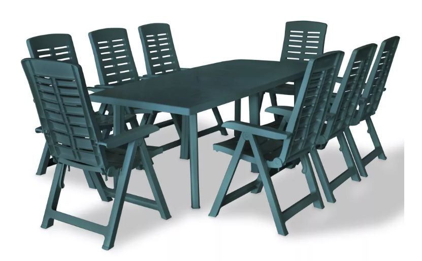 Table rectangulaire et 8 chaises de jardin plastique vert Camille - Photo n°1