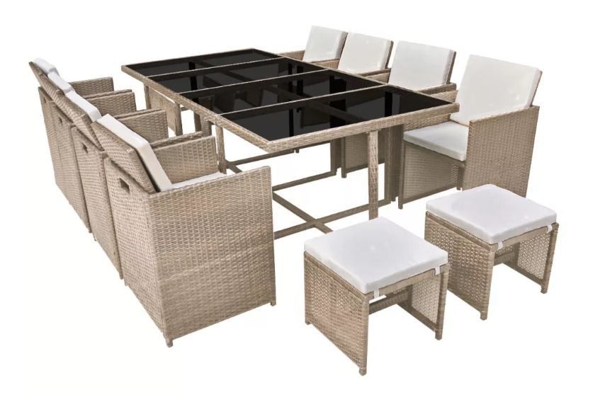 Table rectangulaire et 8 chaises de jardin résine tressée beige Iris - Photo n°1