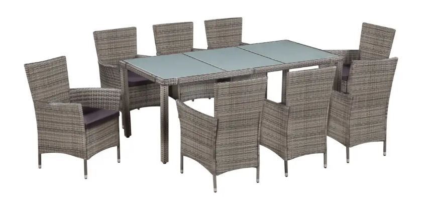 Table rectangulaire et 8 chaises de jardin résine tressée gris Mik - Photo n°1