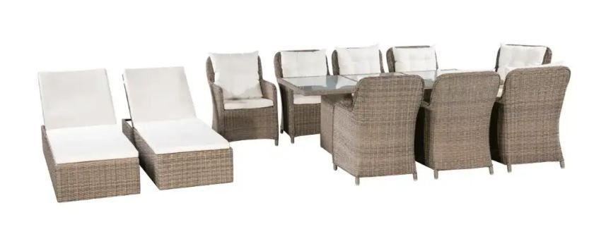 Table rectangulaire et 8 chaises de jardin résine tressée marron coussins blanc Chaz 2 - Photo n°3