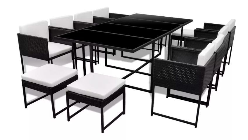 Table rectangulaire et 8 chaises de jardin résine tressée noir et coussins blanc Malm - Photo n°1