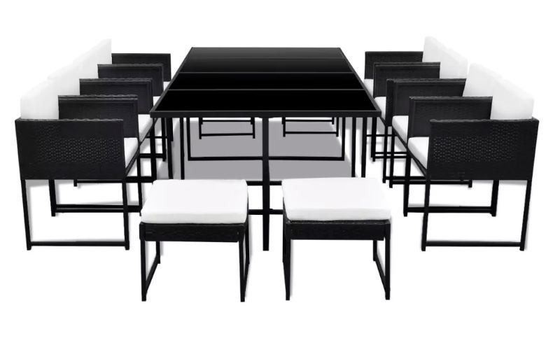 Table rectangulaire et 8 chaises de jardin résine tressée noir et coussins blanc Malm - Photo n°3