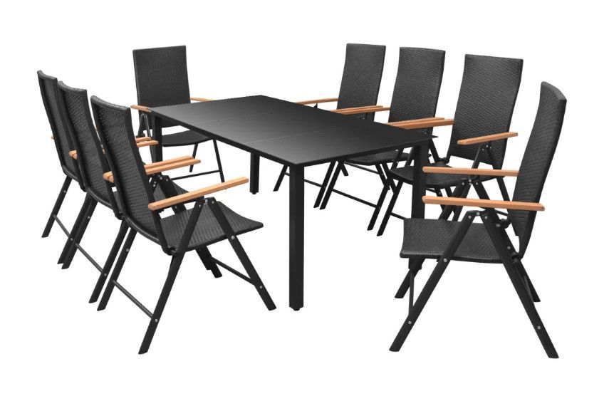 Table rectangulaire et 8 chaises de jardin résine tressée noir Lag - Photo n°1