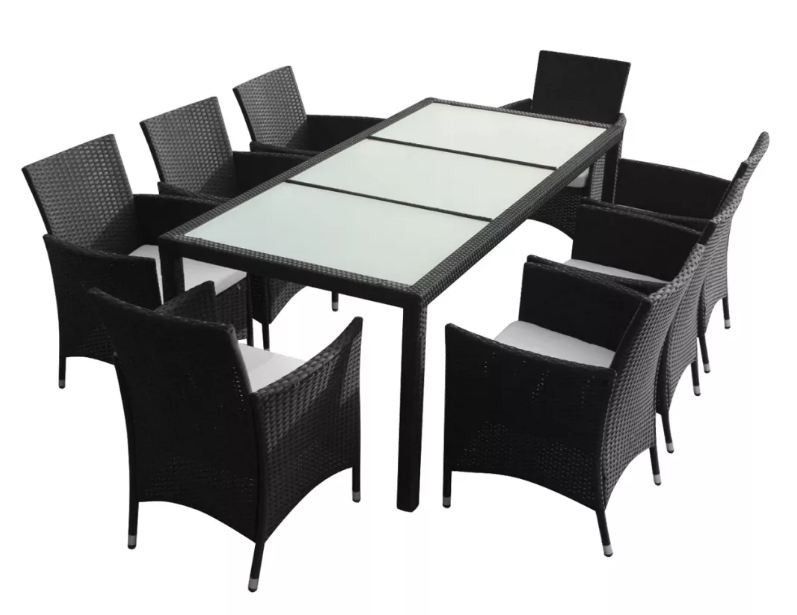 Table rectangulaire et 8 chaises de jardin résine tressée noir Mik - Photo n°1