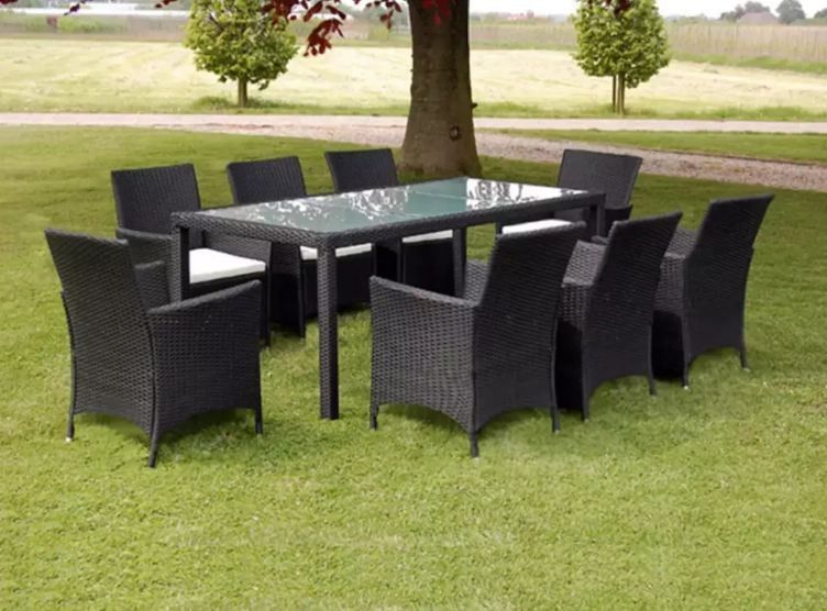 Table rectangulaire et 8 chaises de jardin résine tressée noir Mik - Photo n°2