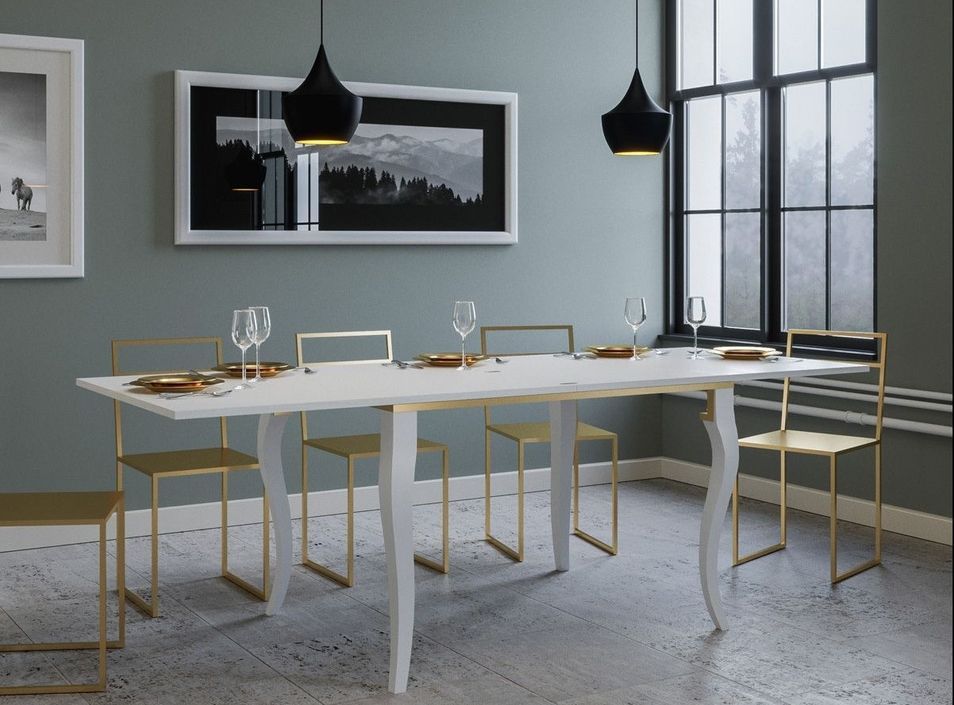 Table rectangulaire extensible 4 à 10 personnes L 120 à 240 cm frêne blanc et métal doré Ola slim - Photo n°3