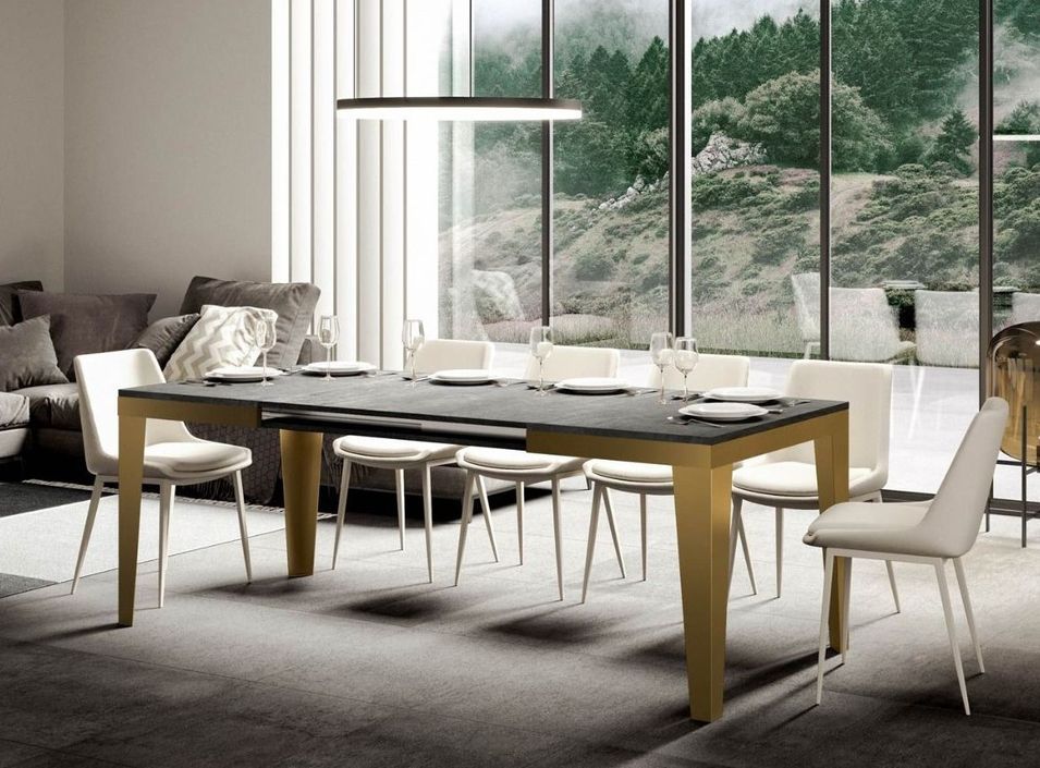 Table rectangulaire extensible 6 à 10 personnes L 120 à 224 cm gris béton et cadre métal doré Faye - Photo n°3