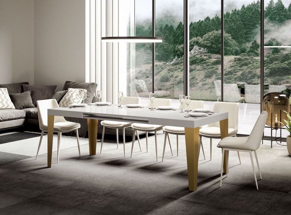 Table rectangulaire extensible 6 à 10 personnes L 130 à 234 cm blanc brillant et pieds métal doré Faye - Photo n°2