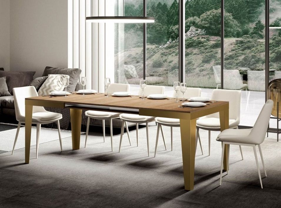 Table rectangulaire extensible 6 à 12 personnes L 160 à 264 cm bois clair et cadre métal doré Faye - Photo n°2