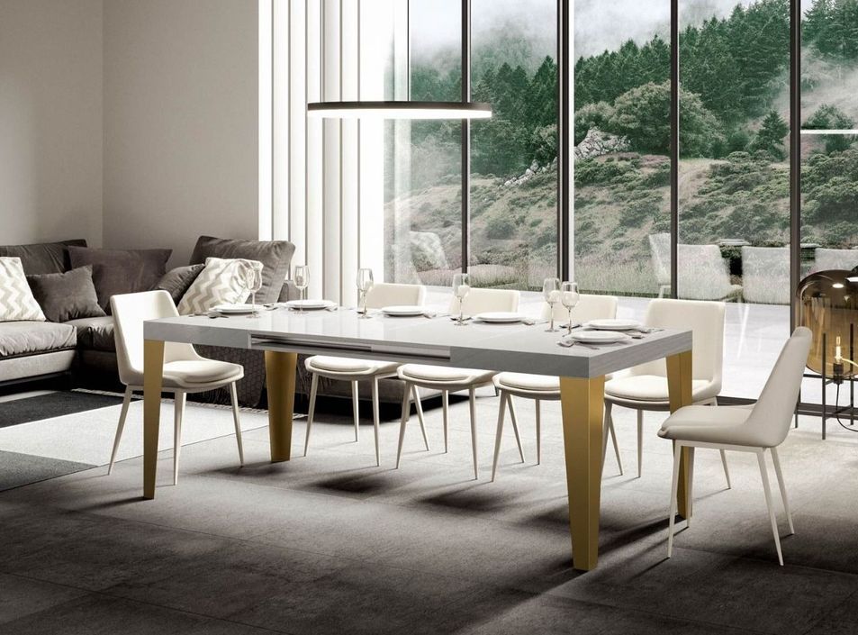 Table rectangulaire extensible 6 à 12 personnes L 160 à 264 cm frêne blanc et pieds métal doré Faye - Photo n°2